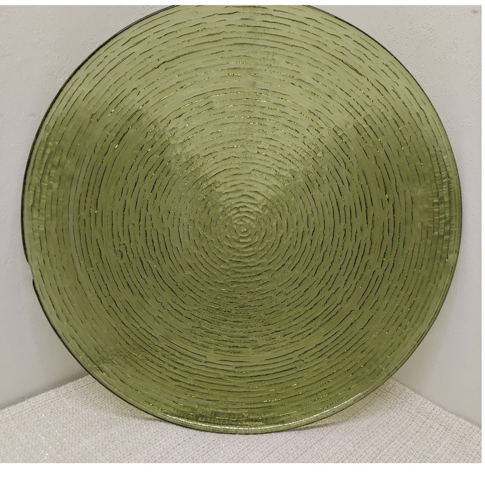 Vintage Green Textured Glass Platter 13.5 Inch Round Swirl Serving Tray